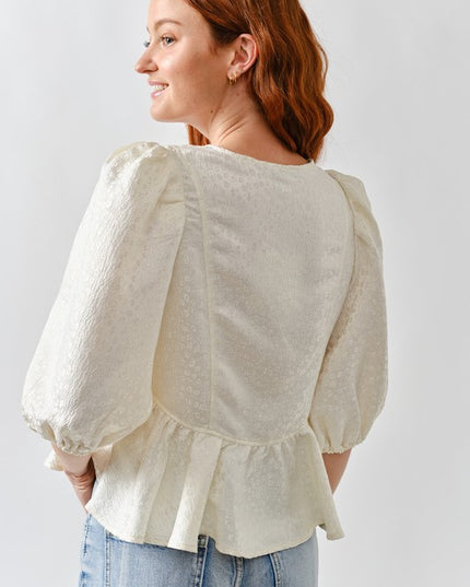 Jacquard puffy sleeve bow tie top
