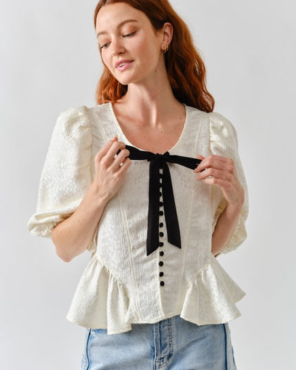 Jacquard puffy sleeve bow tie top