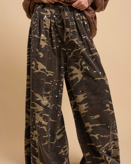 Wide leg paint splatter camo pants