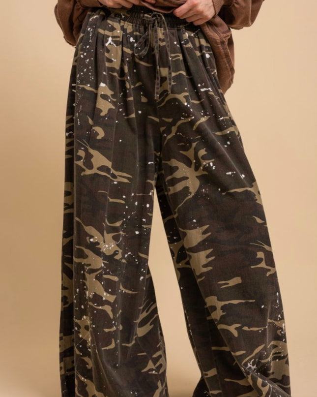 Wide leg paint splatter camo pants
