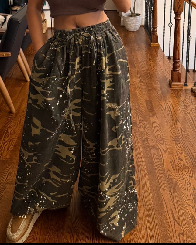 Wide leg paint splatter camo pants
