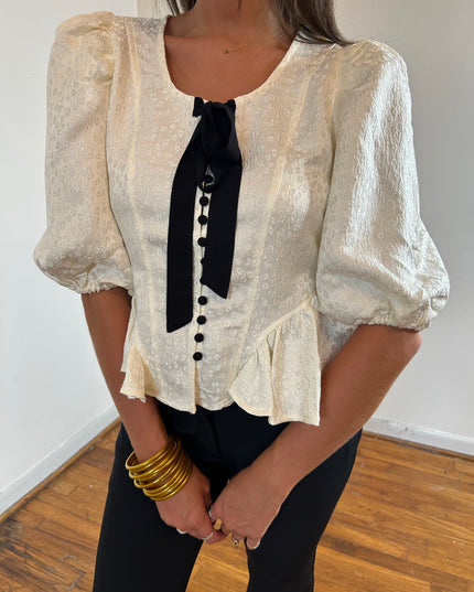 Jacquard puffy sleeve bow tie top