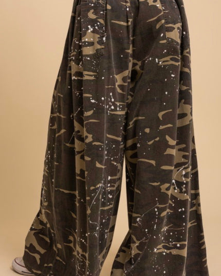 Wide leg paint splatter camo pants