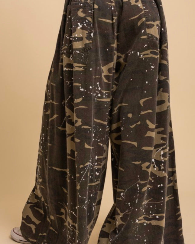 Wide leg paint splatter camo pants